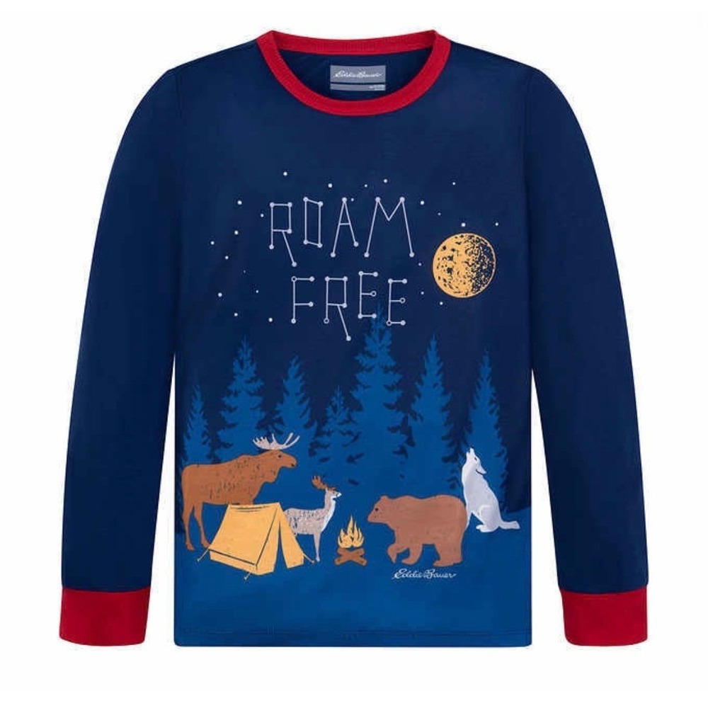 Eddie Bauer Pajama Top Kids L 14/16 Navy Blue Roam Free Camping Graphic